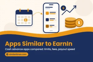 Illustration: payday calendar, phone comparing three cash advance apps, and a coin stack, for apps similar to EarnIn
