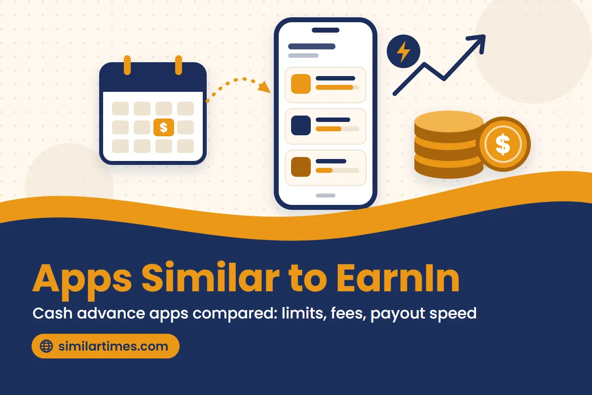 Illustration: payday calendar, phone comparing three cash advance apps, and a coin stack, for apps similar to EarnIn